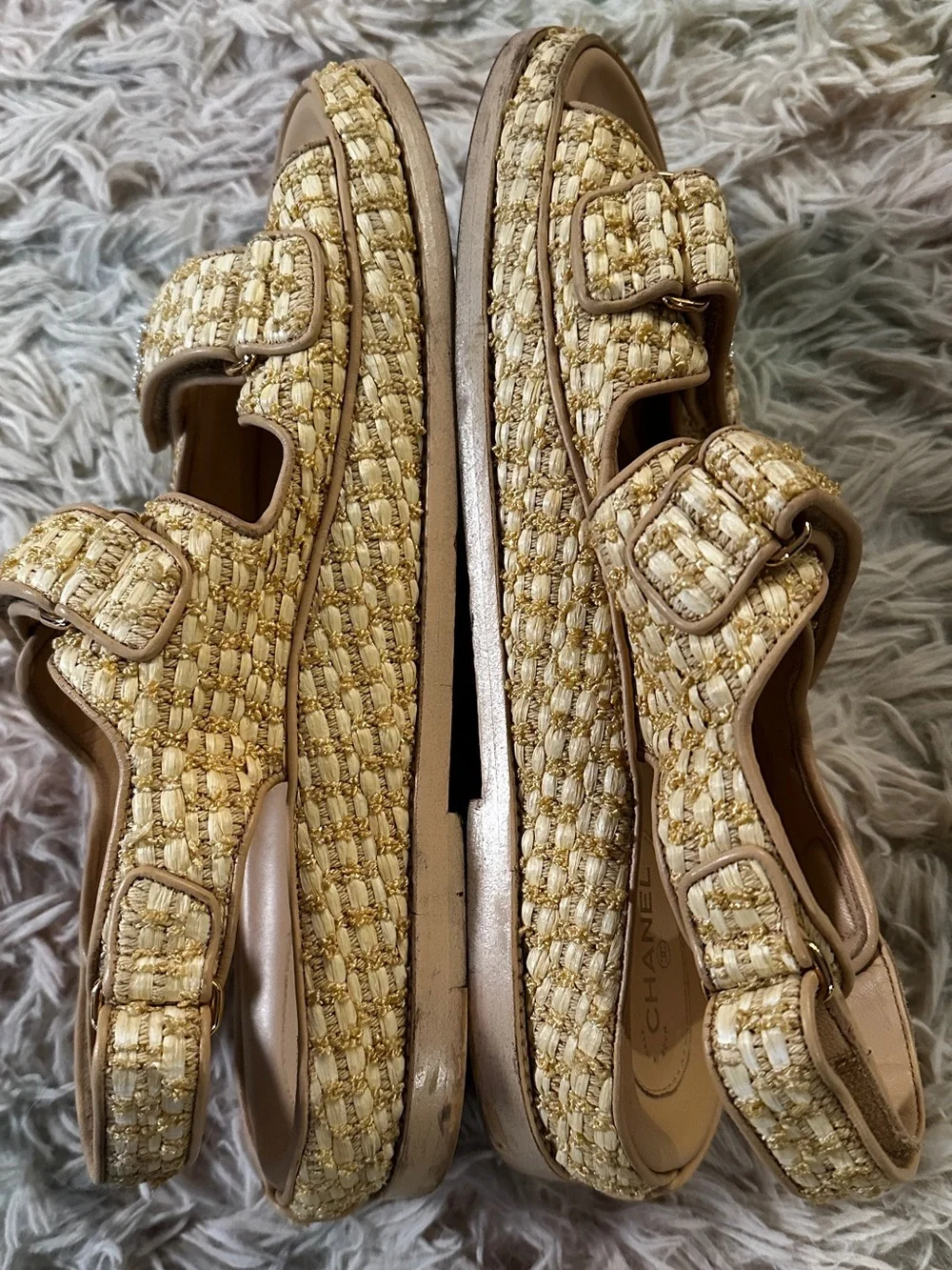 Chanel Authentic Raffia Pearl Velcro Dad Sandals Size 41